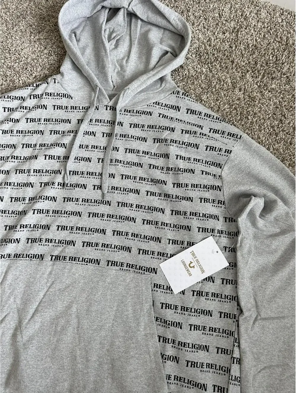 True Religion Loungewear Gray All Over Print Pullover Lightweight Hoodie Size XL